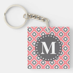 Grey Pink Ikat Mod Pattern with Monogram Key Ring