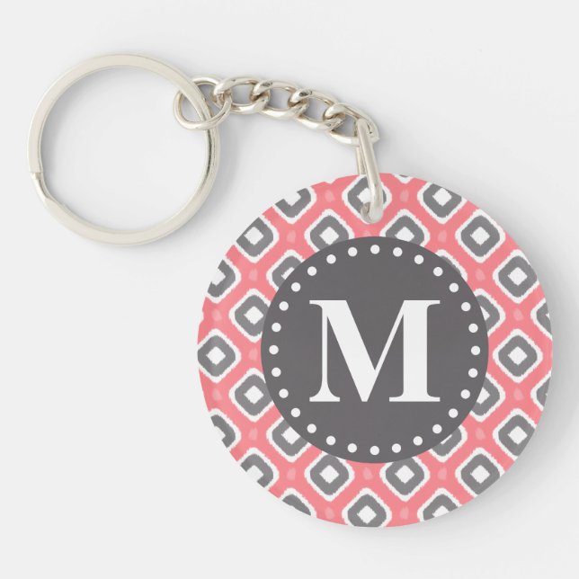 Grey Pink Ikat Mod Pattern with Monogram Key Ring (Front)