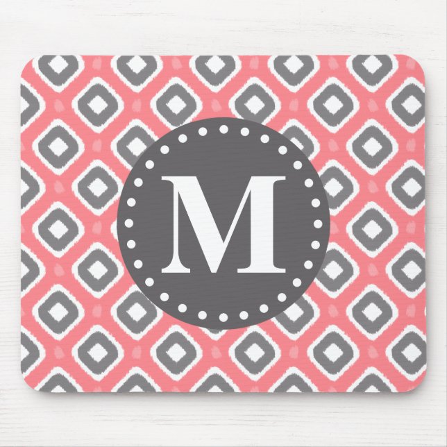 Grey Pink Ikat Mod Pattern with Monogram Mouse Mat (Front)
