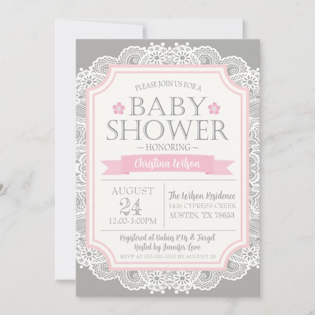 Grey Pink & Lace Baby Shower Invitation (Front)