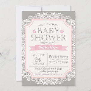Grey Pink & Lace Baby Shower Invitation