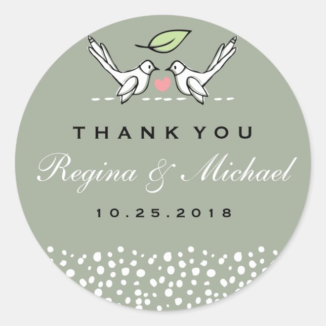 Grey Pink Love Birds Doodle Wedding Favour Sticker (Front)