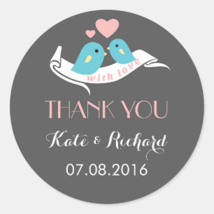 Grey Pink Love Birds Wedding Favour Sticker