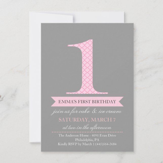 Grey & Pink Modern Pattern 1 Birthday Invitation (Front)
