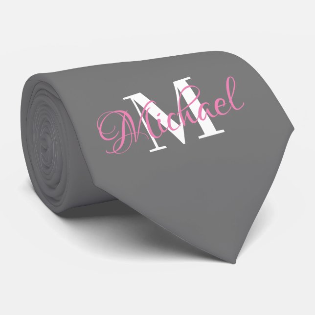 Grey & Pink Monogramed Necktie (Rolled)