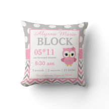 Grey Pink Owl Baby Announcement Pillow