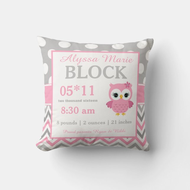 Grey Pink Owl Baby Announcement Pillow (Front)