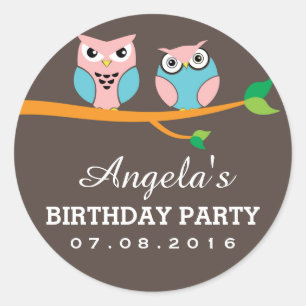 Grey Pink Owl Cartoon Sticker for Kids Birthday