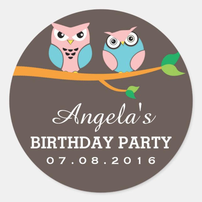 Grey Pink Owl Cartoon Sticker for Kids Birthday (Front)