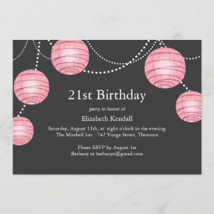 Grey & Pink Party Lantern 21st Birthday Invitation
