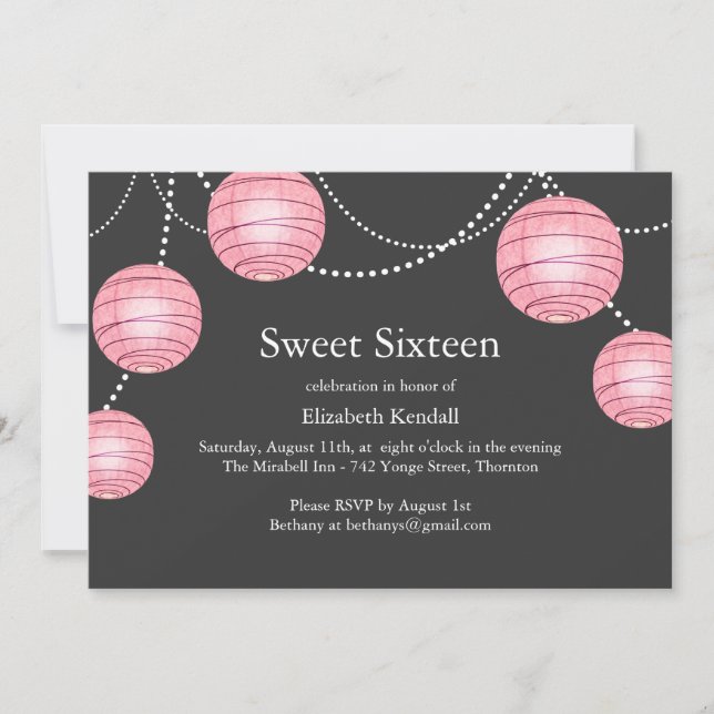 Grey & Pink Party Lantern Sweet 16 Invitation (Front)