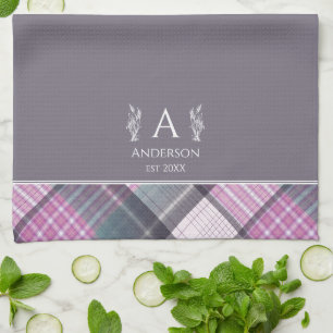 Grey & Pink Plaid Personal Custom Name Monogram Tea Towel