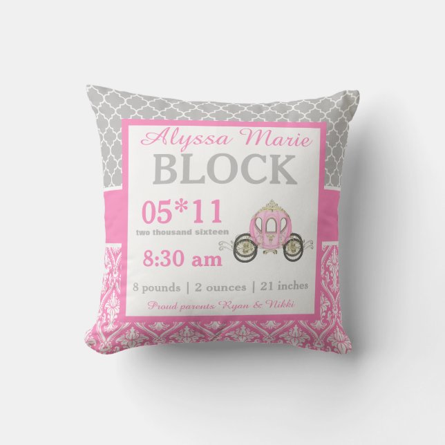 Grey Pink Princess Baby Announcement Pillow (Front)