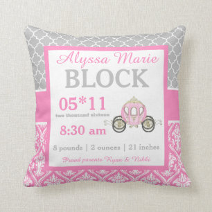 Grey Pink Princess Baby Announcement Pillow