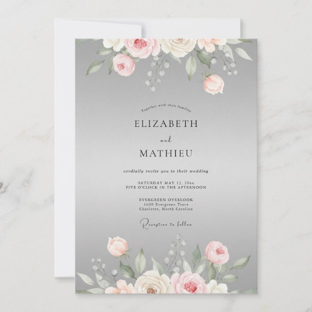 Grey Pink Ranunculus Eucalyptus Wedding Invitation (Front)
