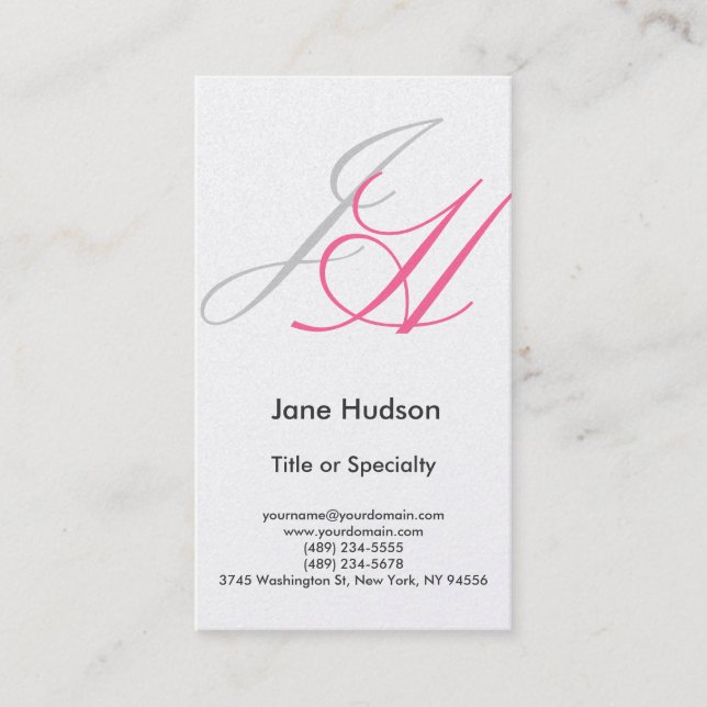 Grey Pink Red Monogram Plain Business Card (Front)