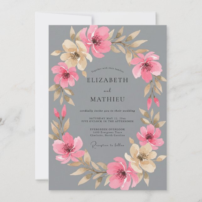 Grey Pink Romantic Floral Wedding Invitation (Front)