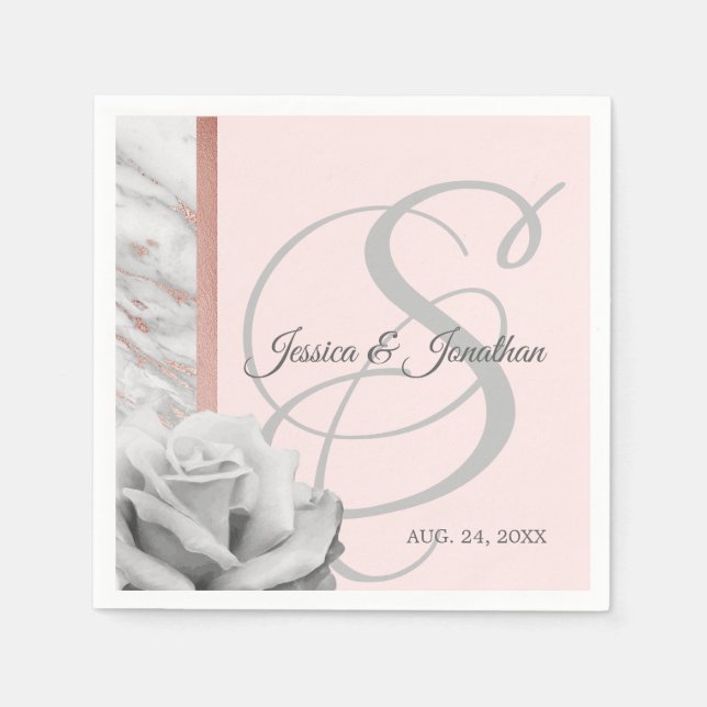 Grey & Pink Rose Gold Foil Marble Wedding Napkin (Front)