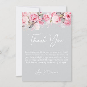 Grey Pink Roses Bridal Shower Pink Thank You Card