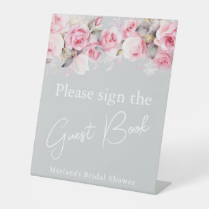 Grey Pink Roses Floral Bridal Shower Guest Book Pedestal Sign
