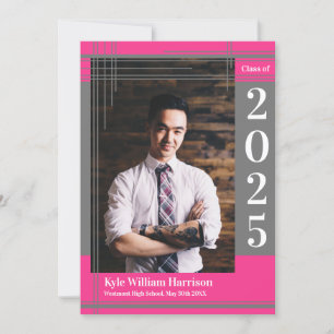 Grey Pink School Colour Graduation Photo Plaid Invitation