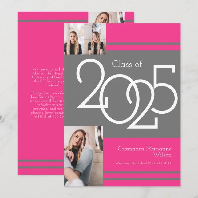 Grey Pink School Colours Graduation Announcement (Front/Back)
