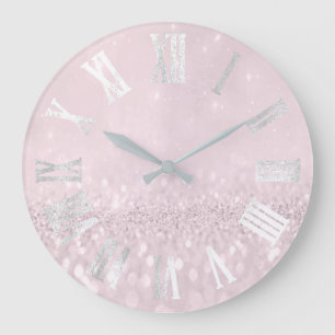 Grey Pink Silver Glitter Metal Roman Numers Large Clock