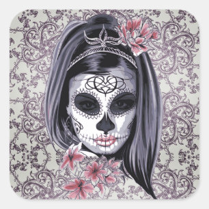 Grey/Pink Sugar Skull/Day of the Dead Girl Sticker