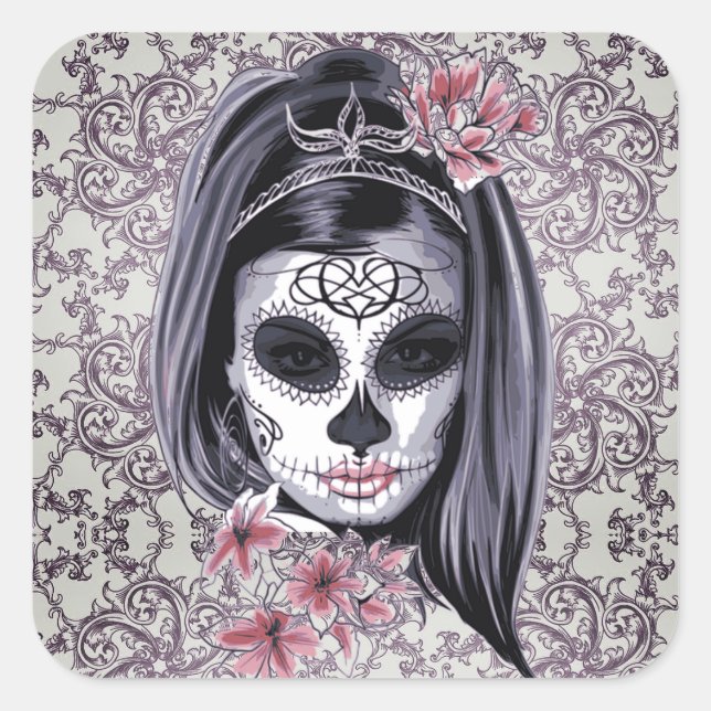 Grey/Pink Sugar Skull/Day of the Dead Girl Sticker (Front)