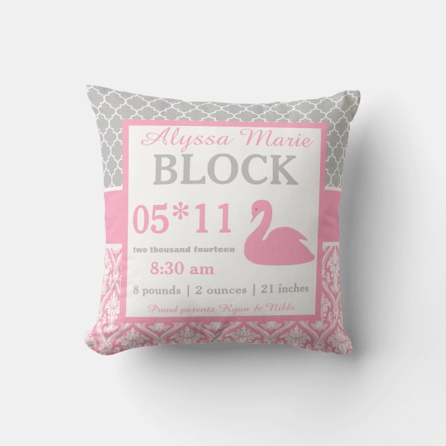 Grey Pink Swan Baby Announcement Pillow (Front)