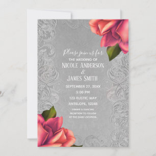 Grey & Pink Vintage Antique Rose Elegant Wedding Invitation