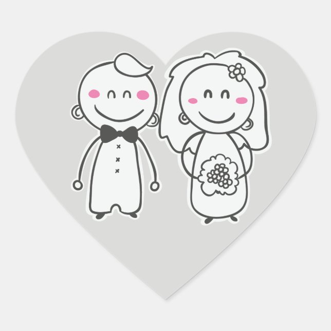 Grey & Pink Wedding Cartoon Bride & Groom Heart Sticker (Front)