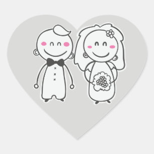 Grey & Pink Wedding Cartoon Bride & Groom Heart Sticker