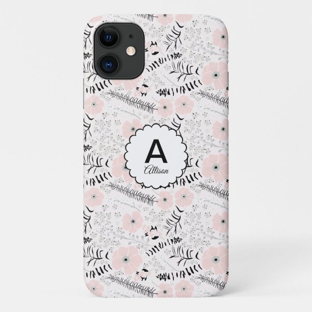 Grey Pink Whimsical Flowers Monogram Case-Mate iPhone Case (Back)