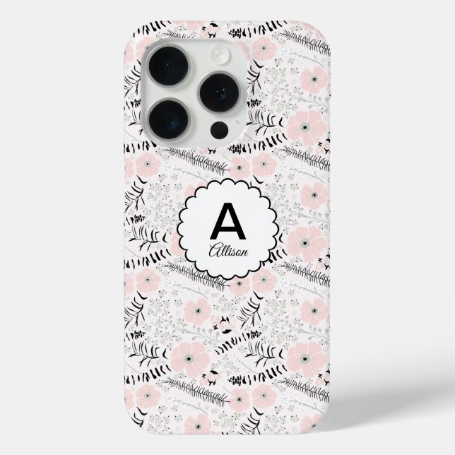 Grey Pink Whimsical Flowers Monogram Case-Mate iPhone Case (Back)