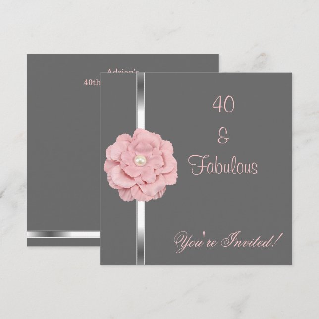 Grey Pink White Pearl Flower Fabulous 40th Party Invitation (Front/Back)