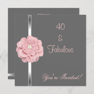 Grey Pink White Pearl Flower Fabulous 40th Party Invitation