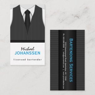Grey Pinstripe Suit Vest and Black Tie Bartender Business Card