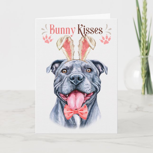 Grey Pit Bull Dog in Bunny Ears for Easter Holiday Card (Front)