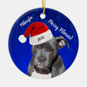 Grey Pit Bull with Santa Hat Merry  Pitmas Ceramic Tree Decoration
