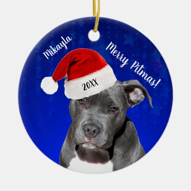 Grey Pit Bull with Santa Hat Merry  Pitmas Ceramic Tree Decoration (Front)