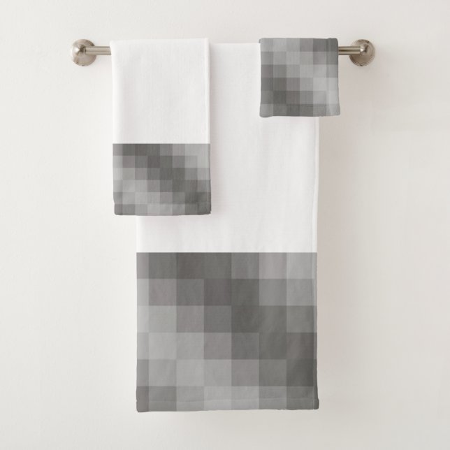 Grey Pixel Graphic on White Bathroom Towels (Insitu)