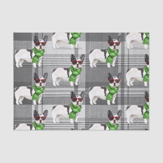 Grey Plaid and Boston Terrier Christmas Tissue Paper (Front)