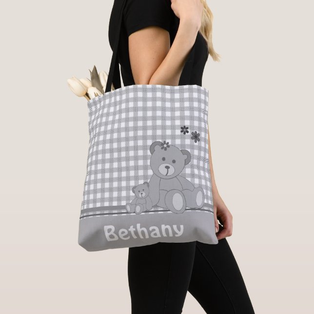 Grey Plaid and Cute Teddy Bears Personalised Tote Bag (Close Up)