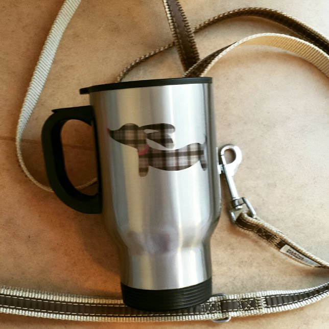 Grey Plaid Dachshund | Travel Coffee Mug (Creator Uploaded)