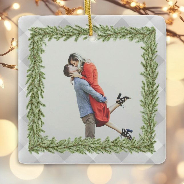 Grey Plaid Gingham photo 1st Christmas Married Ceramic Ornament (Creator Uploaded)
