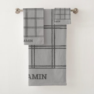 Grey Plaid Personalised Name Masculine Bathroom Bath Towel Set