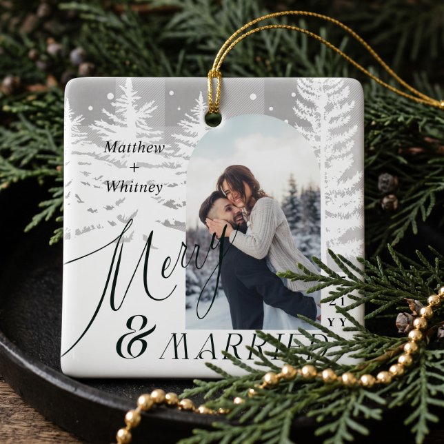 Grey Plaid Pine Tree First Christmas Married Photo Ceramic Ornament (Grey Plaid Pine Tree First Christmas Married Photo Ceramic Ornament)