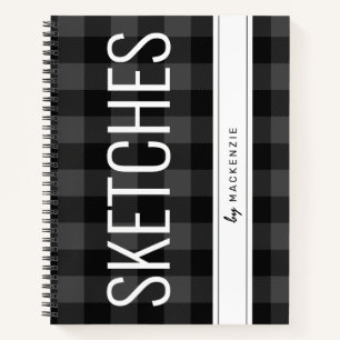 Grey Plaid Sketchbook Custom Name Notebook
