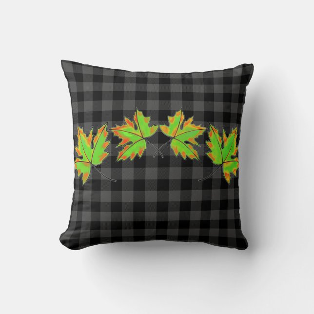 Grey Plaid with Fall Maple Leaves Cushion (Front)